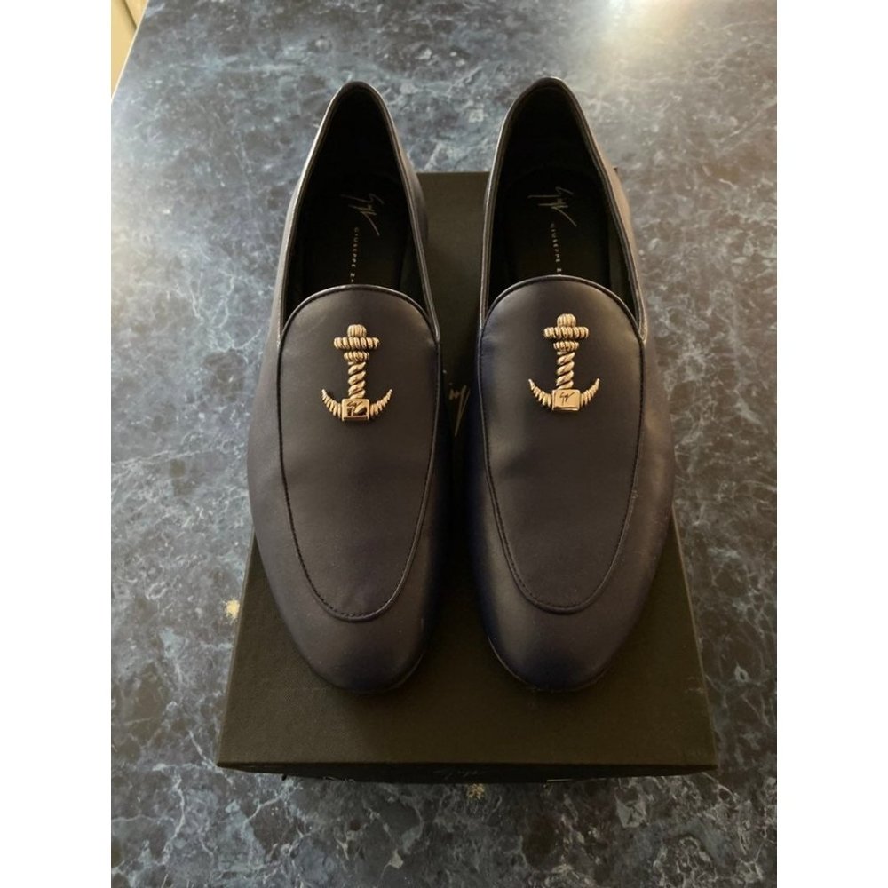Giuseppe Zanotti Navy Loafers with Gold Anchor Detail